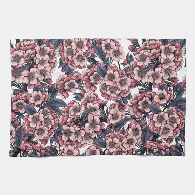 Körsbärs blommar i rosa och blått kökshandduk (Horisontell)