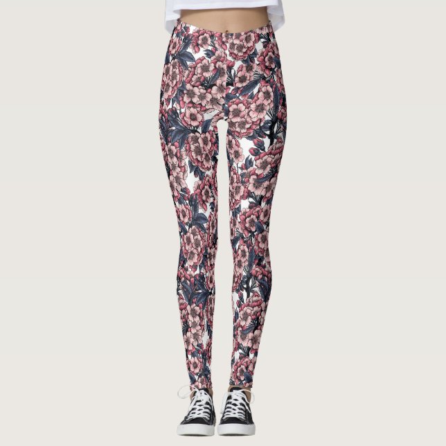 Körsbärs blommar i rosa och blått leggings (Framsida)