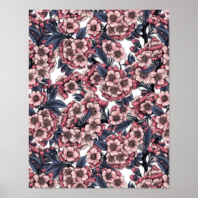 Körsbärs blommar i rosa och blått poster (Framsidan)