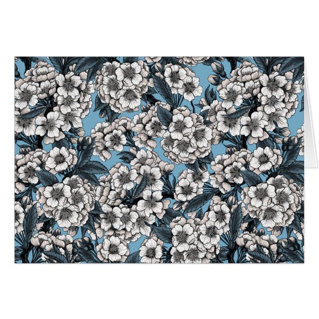 Körsbärs blommar i vitt och blått hälsningskort (Framsidan Horizontal)