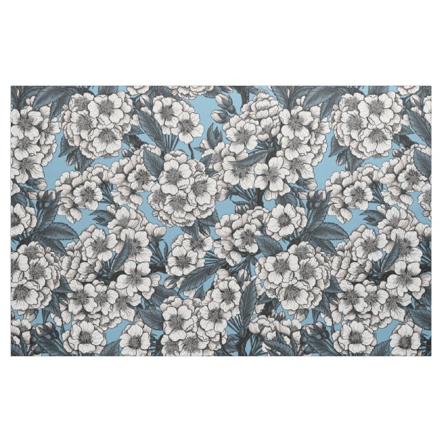 Körsbärs blommar i vitt och blått tyg (Fat Quarter)