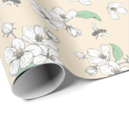 Körsbärs-Blommar och bin Antique White Seamless Presentpapper