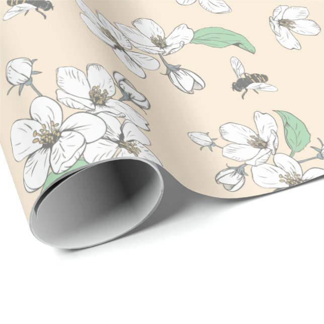 Körsbärs-Blommar och bin Antique White Seamless Presentpapper (Rullad Hörn)