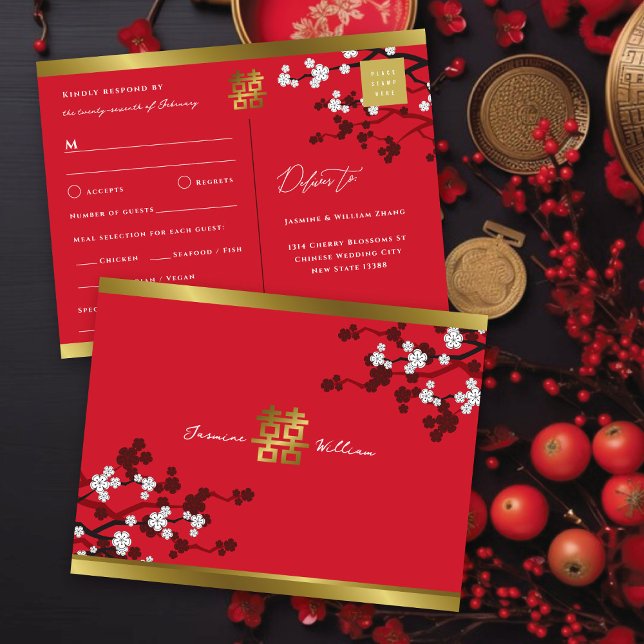 Körsbärs-Blommar och Dubbla Xi kinesiska Bröllop O Inbjudan Vykort (White Cherry Blossoms ON Red And Gold Double Happiness Chinese Wedding RSVP Postcard @ fat_fa_tin)