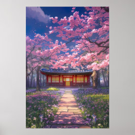 Körsbärs-Blommar och ett traditionellt tempel Poster