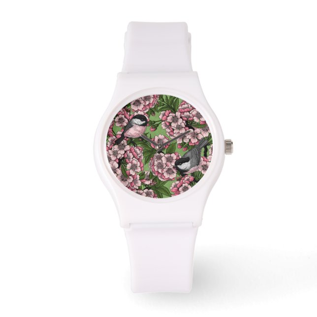 Körsbärs blommar och kycklingar på grönten armbandsur (Framsida)