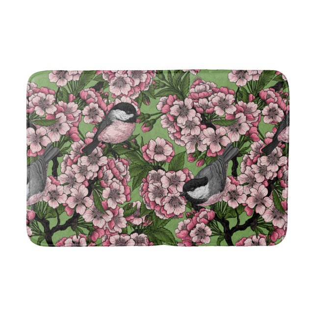 Körsbärs blommar och kycklingar på grönten badrumsmatta (Framsidan)