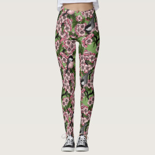 Körsbärs blommar och kycklingar på grönten leggings