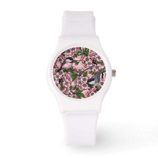 Körsbärs blommar och kycklingar på rosan armbandsur (Framsida)