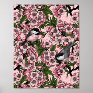 Körsbärs blommar och kycklingar på rosan poster
