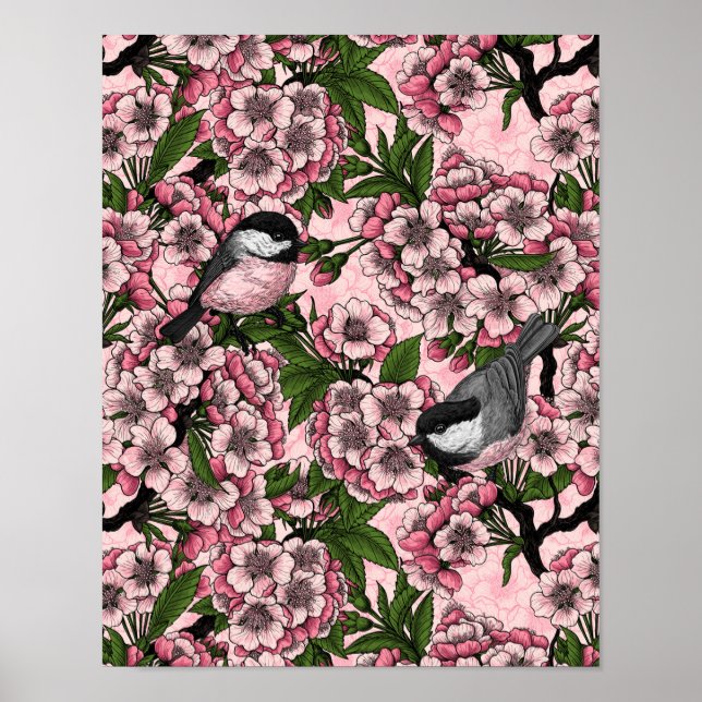 Körsbärs blommar och kycklingar på rosan poster (Framsidan)