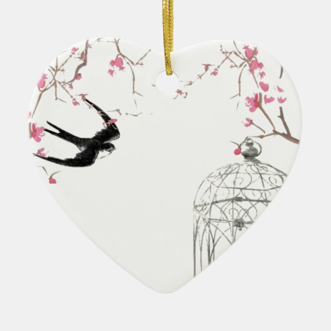 Körsbärs-blommar, svälj-, förlossningsdesign julgransprydnad keramik (Framsidan)