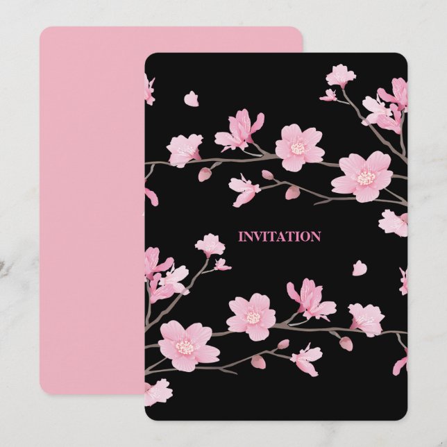 Körsbärs-Blommar - svart Inbjudningar (Fram/baksida)