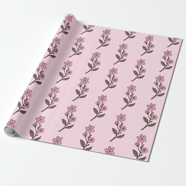 Körsbärs Blommar Wrapping Papper - Rosa Mönster Presentpapper (Utrullad)