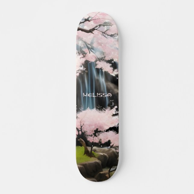 Körsbärs- och vattenfallsBlommar | Monogram Mini Skateboard Bräda 18,5 Cm (Framsida)