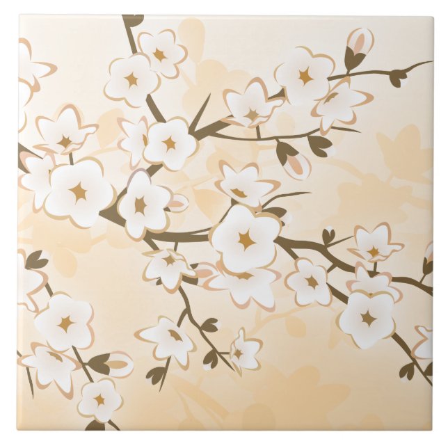 Körsbärsblom Beige Krämfärgad Blommig Asien Kakelplatta (Framsidan)