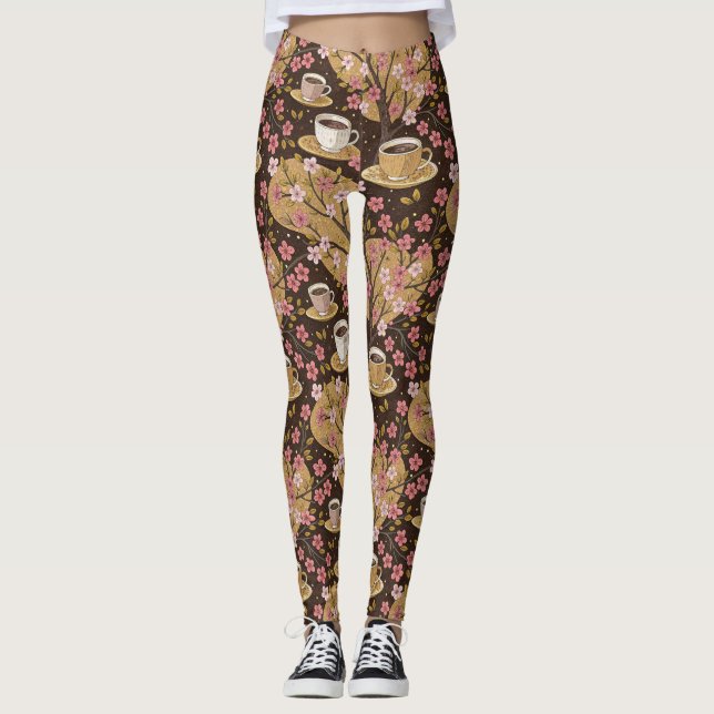 Körsbärsblom Coffee Cozy Mönster (8) Leggings (Framsida)