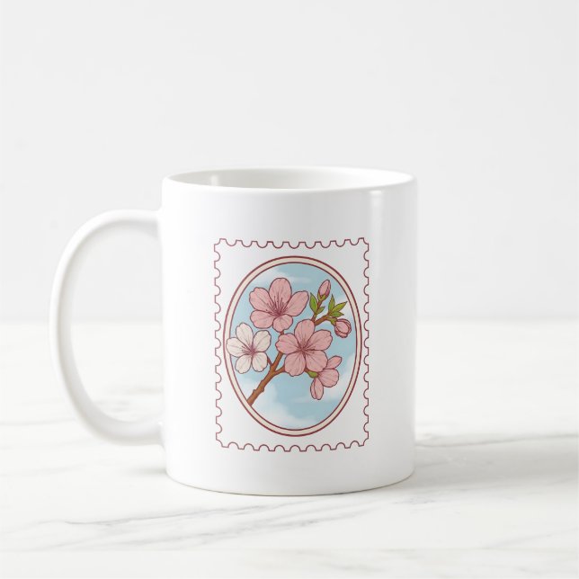 Körsbärsblom Illustration i Frimärksstil Kaffemugg (Vänster)