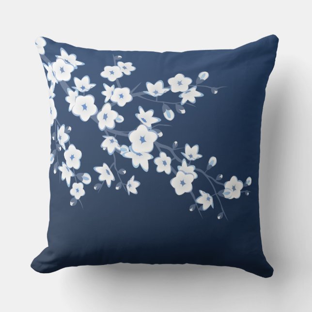 Körsbärsblom Navy Blå Vit Blommig Kudde (Framsida)
