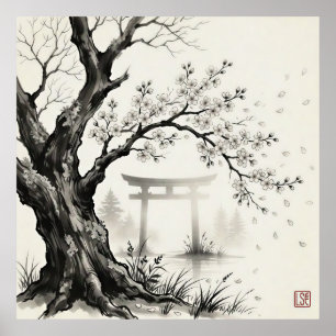 Körsbärsblom och Torii-grind — Japansk Sumi-e-bläc Poster