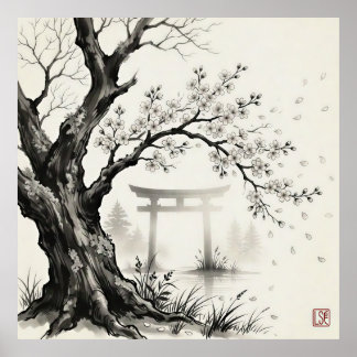 Körsbärsblom och Torii-grind — Japansk Sumi-e-bläc Poster
