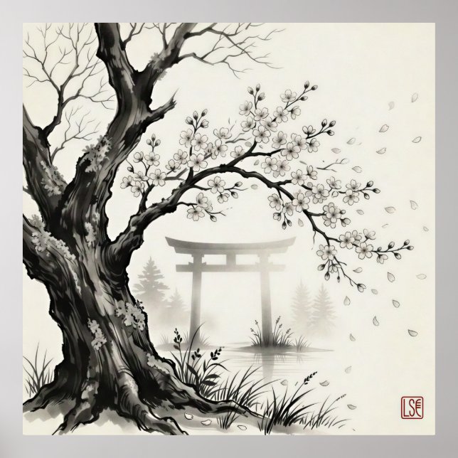 Körsbärsblom och Torii-grind — Japansk Sumi-e-bläc Poster (Framsidan)