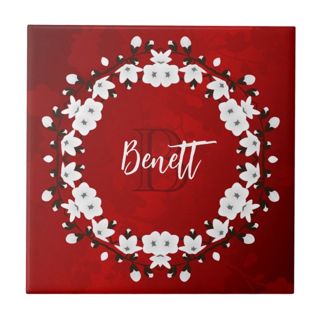 Körsbärsblom Röda Svarta Vita Kakelplatta (Framsidan)