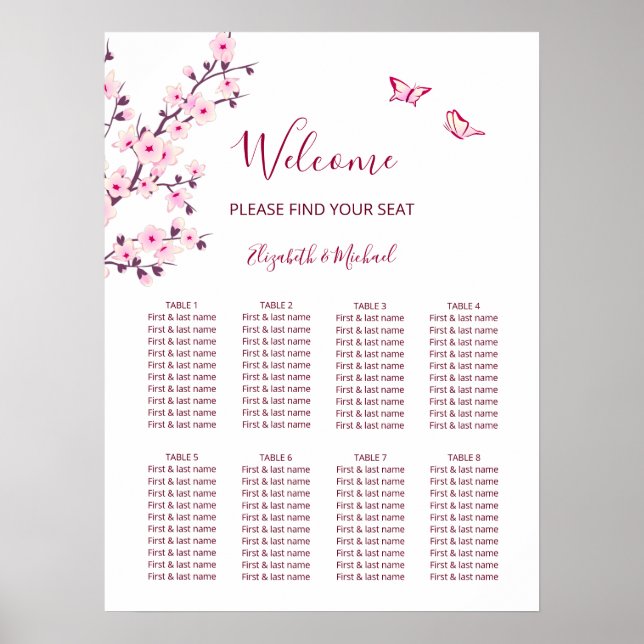  Körsbärsblom Rosa Vit Bröllopsställningskarta Poster (Framsidan)