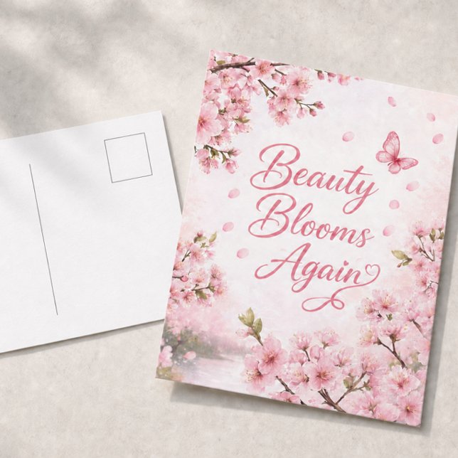 Körsbärsblom : Skönhet blommar igen Vykort (A postcard with a delicate cherry blossom design paired with the idea that beauty always returns.)