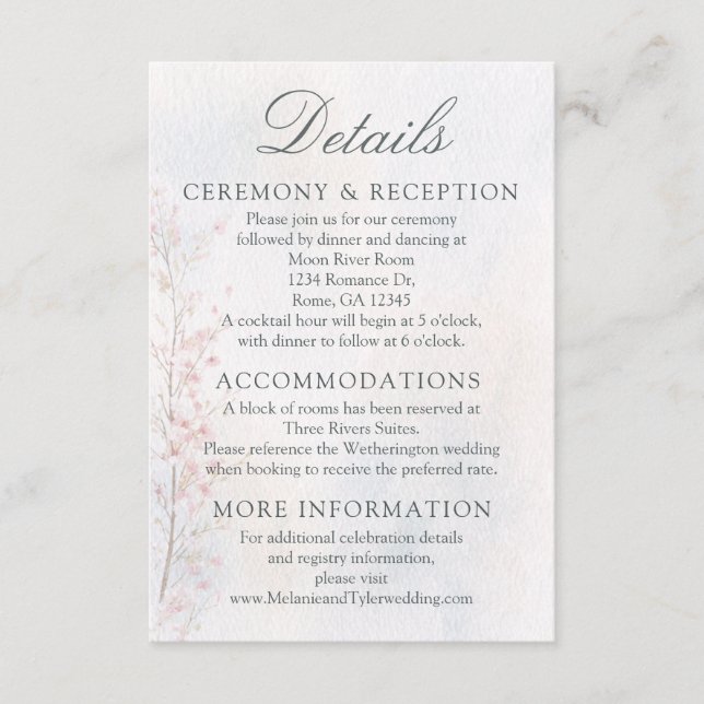 Körsbärsblom Wedding / Mottagningsdetaljkort Tilläggskort (Framsida)