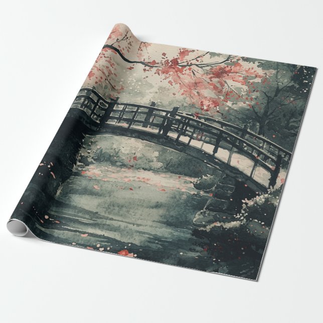Körsbärsblombron Sumi-E-landskap Presentpapper (Utrullad)