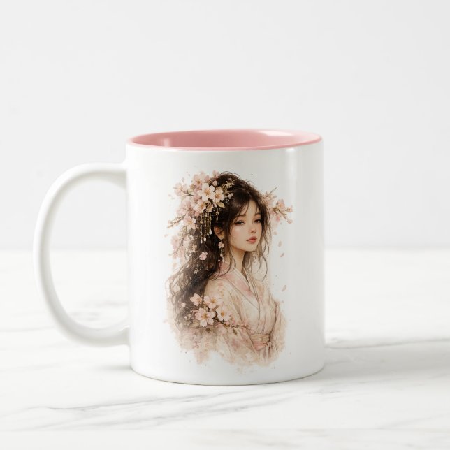 Körsbärsblomdame Vattenfärgsmug Två-Tonad Mugg (Vänster)