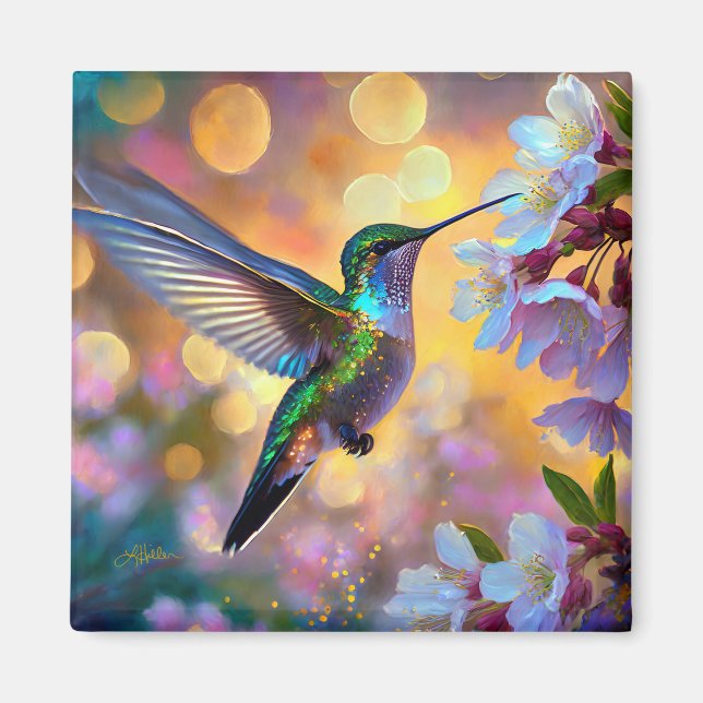 Körsbärsblomfantasi Kolibri Magnet (Framsidan)