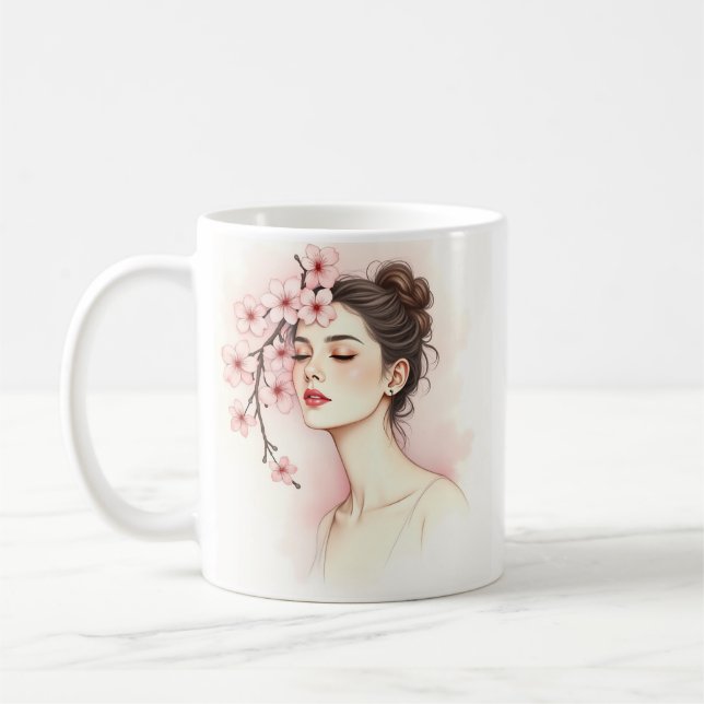 Körsbärsblomflicka – Akvarellblomma Kaffemugg (Vänster)