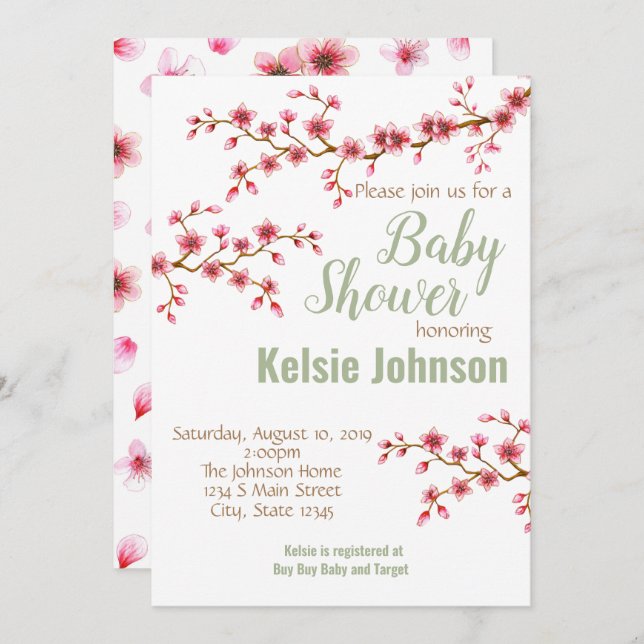 Körsbärsblommas Babyshower Inbjudningar (Fram/baksida)