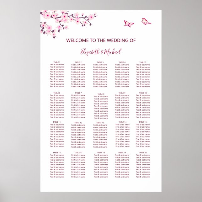 Körsbärsblommas bröllops sittplatskarta poster (Framsidan)