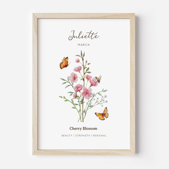 Körsbärsblommas Födelsemånad Blommig Poster (Example of cherry blossom birth flower poster once framed. )