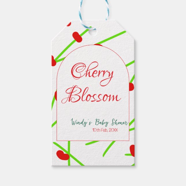 körsbärsblommas röda gröna babyshow båge presentetikett (Framsidan)