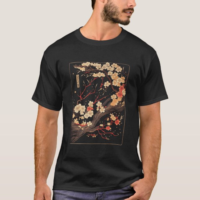Körsbärsblommas Träblock Japansk Konst T Shirt (Framsida)