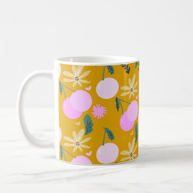 Körsbärsblommig grönskande mönster gul rosa kaffemugg (Vänster)