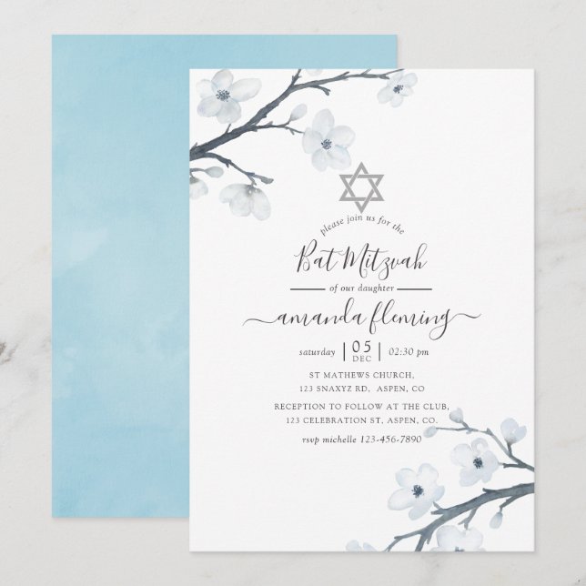 Körsbärsblommor Bat Mitzvah Inbjudningar (Fram/baksida)