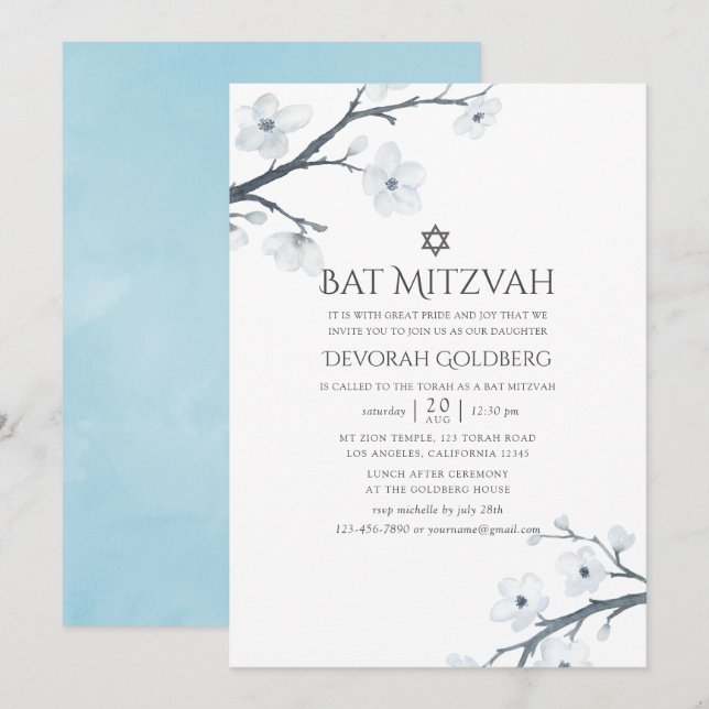 Körsbärsblommor Blommig Bat Mitzvah Inbjudningar (Fram/baksida)