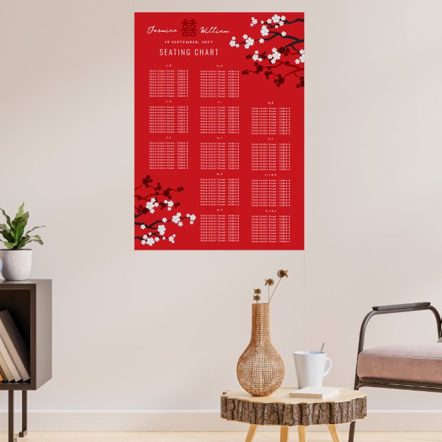 Körsbärsblommor Dubbel Xi Asiatiskt Bröllop Bordsk Poster (Vardagsrum 3)