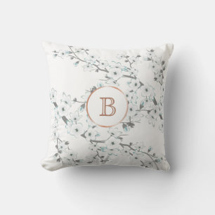 Körsbärsblommor Mint Vit Rosa Guld Monogram Kudde