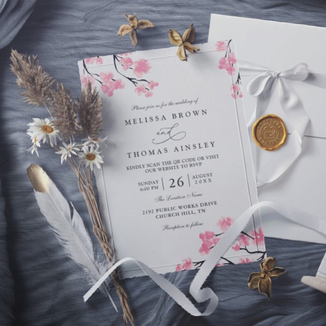 Körsbärsblommor Rosa Elegant Chic QR-kod Bröllop Inbjudningar (Skapare uppladdad)