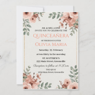 Körsbärsblommor Rosa Guld Fjärilar Quinceañera Inbjudningar