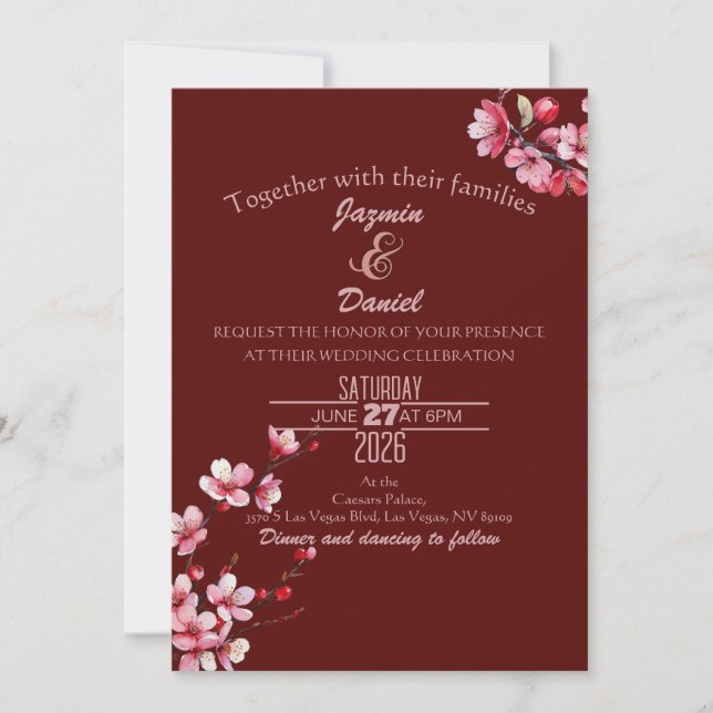 Körsbärsblommor Rosa Maroon Bröllopskort Inbjudningar (Framsida)