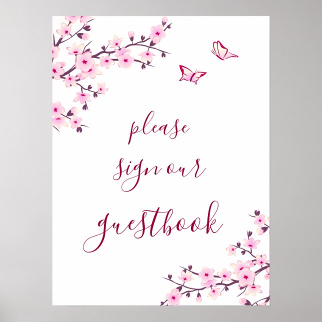 Körsbärsblommor Rosa Vit Bröllop Gästbok Poster (Framsidan)