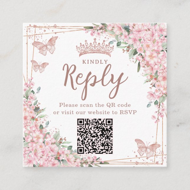 Körsbärsblommor Rose Gold Quinceanera QR-kod Tilläggskort (Framsida)