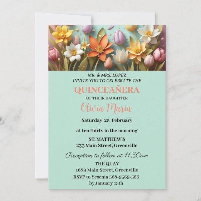 Körsbärsblommor Roséguld Fjärilar Quinceañera Inbjudningar (Framsida)